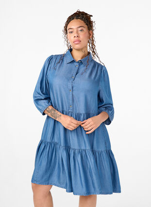 Zizzifashion Denim dress in TENCEL™ Lyocell with 3/4 sleeves, Blue Denim, Model image number 0