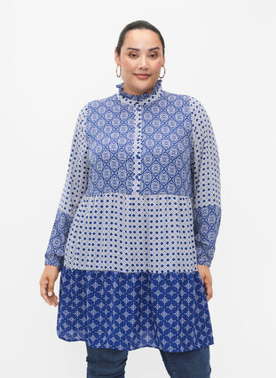 Zizzifashion A-shape dress with patterns and cutlines, Blue AOP, Model image number 0
