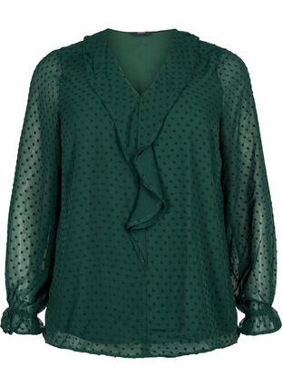 Zizzifashion Blouse with ruffles and dotted texture, Scarab, Packshot image number 0