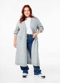 Long knitted cardigan with pockets, Light Grey Melange, Model