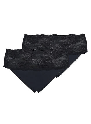 2-pack thong with wide lace edge - Black - Sz. 42-60 - Zizzifashion