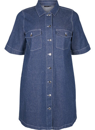 Zizzifashion Pinstripe denim dress with chest pockets, Blue Denim Stripe, Packshot image number 0