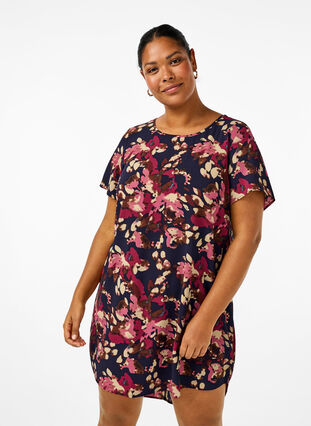 Zizzifashion Dress with print and short sleeves, Ev.Bl.PurpleFl.AOP, Model image number 0