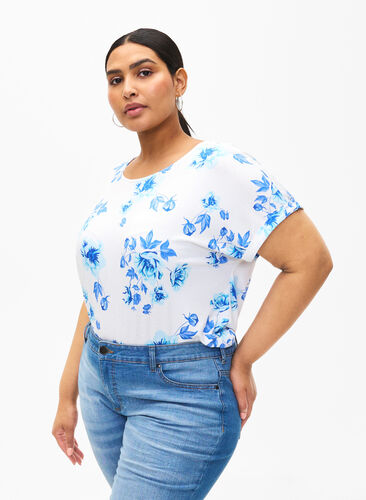 Zizzifashion Floral viscose blouse with short sleeves, White Blue AOP, Model image number 0