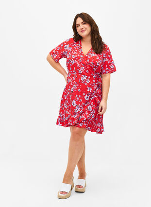 FLASH - Wrap dress with short sleeves, Poinsettia Flower, Model image number 2