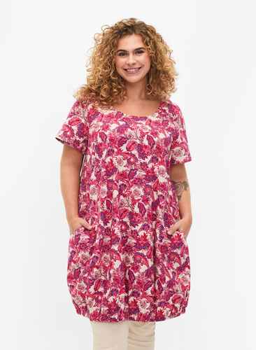 Zizzifashion Short-sleeved, printed cotton dress, Raspberry Sorbet, Model image number 0