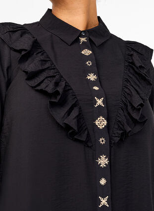 Zizzifashion Shirt dress with ruffles and embroidery, Black, Model image number 2