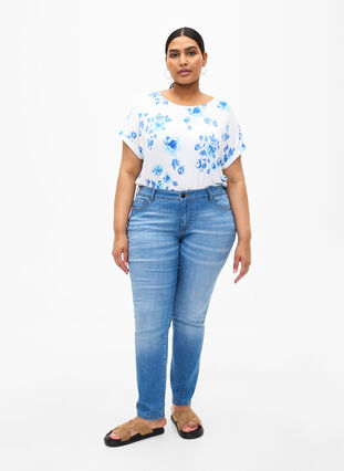 Zizzifashion Floral viscose blouse with short sleeves, White Blue AOP, Model image number 2