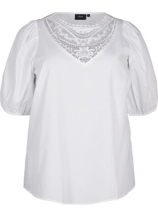 Zizzifashion Short-sleeved blouse with lace detail, Bright White, Packshot image number 0