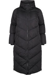 Long puffer coat with hood and pockets, Black, Packshot