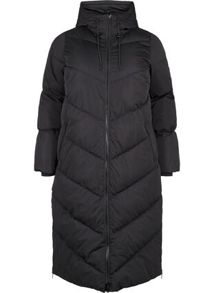 Zizzifashion Long puffer coat with hood and pockets, Black, Packshot image number 0