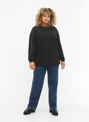 Zizzifashion Long sleeve blouse with beads, Black, Model image number 2
