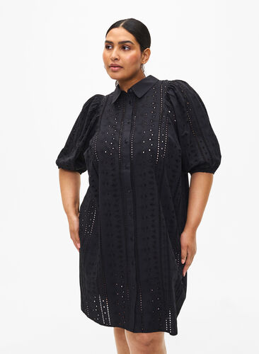 Zizzifashion Cotton shirt dress with broderie anglaise, Black, Model image number 0