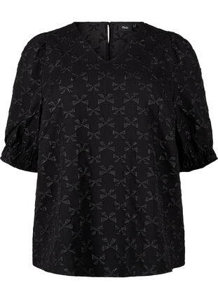 Zizzifashion Short-sleeved jacquard blouse with bows, Black W. Bow, Packshot image number 0