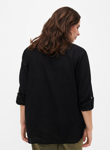 Zizzifashion Shirt blouse with button closure in cotton-linen blend, Black, Model image number 1