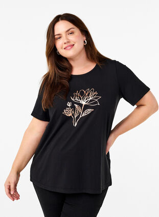 Zizzifashion FLASH - T-shirt with motif, Black R. Gold Flower, Model image number 0