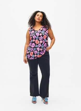 Zizzifashion Floral top with v-neck, Black Big Flower AOP, Model image number 2