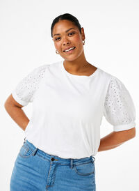 Organic cotton blouse with broderie anglaise sleeves, Bright White, Model