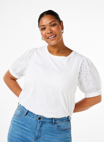 Zizzifashion Organic cotton blouse with broderie anglaise sleeves, Bright White, Model image number 0