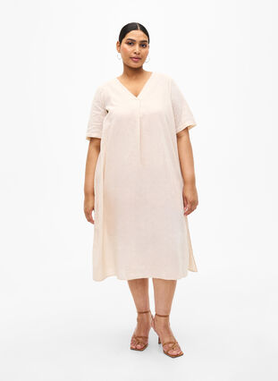 Zizzifashion Cotton blend kaftan dress with linen, Sandshell, Model image number 3
