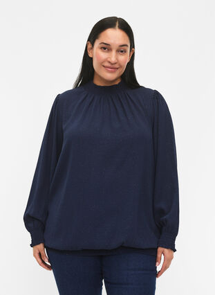Zizzifashion FLASH - Long sleeved blouse with smock and glitter	, Navy w. Gold, Model image number 0