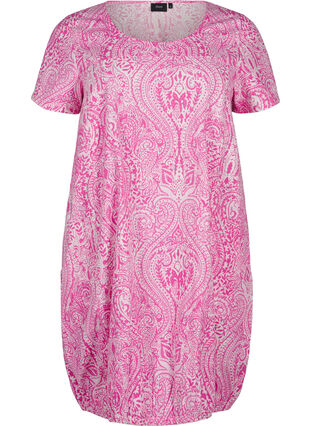 Zizzifashion Short-sleeved cotton dress with paisley print, Shocking P. Paisley , Packshot image number 0