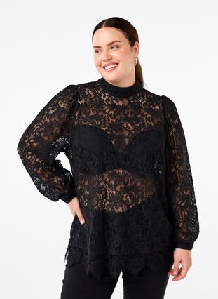 Zizzifashion Lace blouse with bow detail, Black, Model image number 0