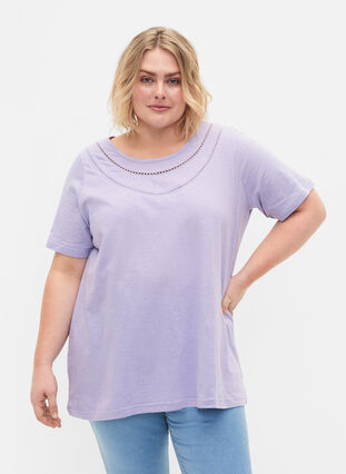 Zizzifashion Cotton t-shirt with lace ribbon, Lavender, Model image number 0