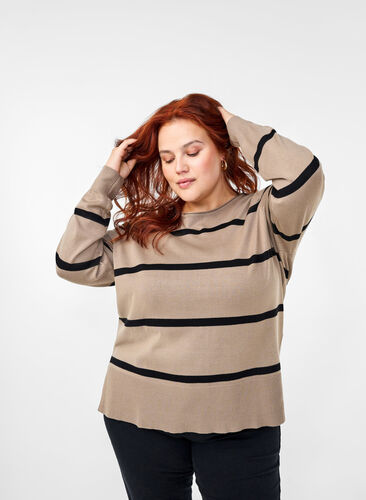 Zizzifashion Knitted viscose blouse with stripes, Desert Taupe Comb, Image image number 0