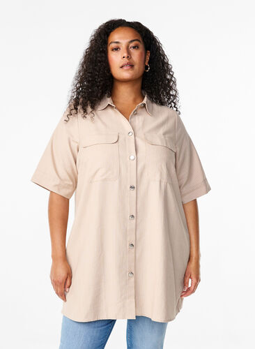 Zizzifashion Striped tunic with buttons and chest pockets, Oxford T. Wh. Stripe, Model image number 0