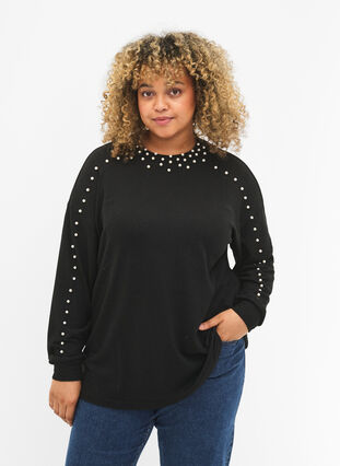 Zizzifashion Long sleeve blouse with beads, Black, Model image number 0