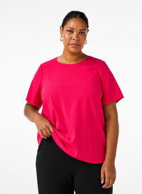 Short-sleeved viscose blouse with ties, Bright Rose, Model