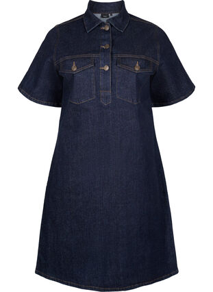 Zizzifashion Denim dress with short sleeves and chest pockets, Dark Blue Denim, Packshot image number 0