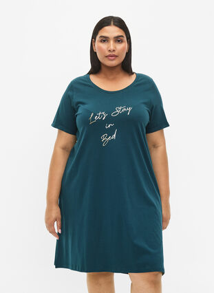 Zizzifashion Short-sleeved nightgown in organic cotton, Deep Teal Lets, Model image number 0