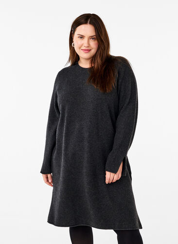 Zizzifashion Knitted dress with a round neck and slit, Dark Grey Melange, Model image number 0