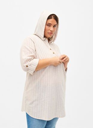 Zizzifashion Hooded tunic in cotton and linen, Wh. Sandshell Stripe, Model image number 0