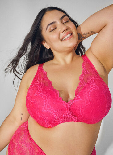 Padded bra with lace and underwire - Pink - Sz. 85E-115H - Zizzi