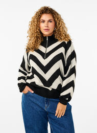 High neck knitted sweater with zipper, Black Birch Stripe, Model