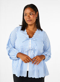 Striped blouse with open front and embroidery details, C. Blue White Stripe, Model