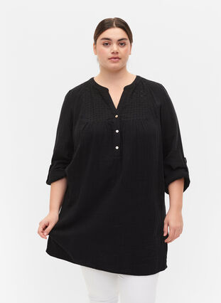 Zizzifashion Tunic in cotton with embroidery anglaise, Black, Model image number 0