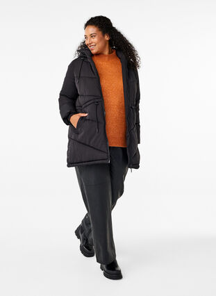 Zizzifashion Mid-length puffer jacket with hood, Black, Model image number 2