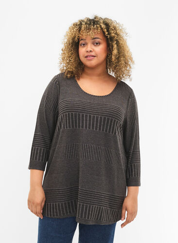 Zizzifashion Blouse with 3/4 sleeves and striped pattern, Dark Grey Melange, Model image number 0
