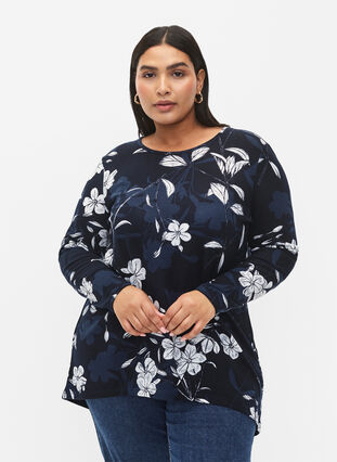 Zizzifashion Floral blouse with long sleeves, Navy B. Flower AOP, Model image number 0