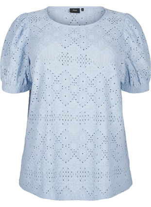 Zizzifashion Short-sleeved blouse with lace pattern, Cashmere Blue, Packshot image number 0