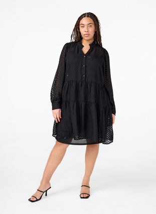 Zizzifashion Textured short dress with a ruffle collar, Black, Model image number 2