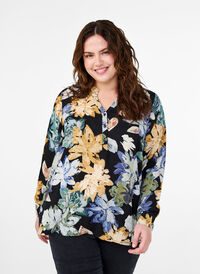 Long-sleeved blouse with floral print, Yellow Flower AOP, Model