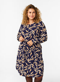 Long-sleeved dress with tie string, Ev. Blue w. Leaf AOP, Model