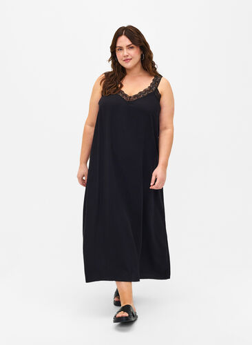 Zizzifashion Midi-length strap dress in viscose with lace, Black, Model image number 0