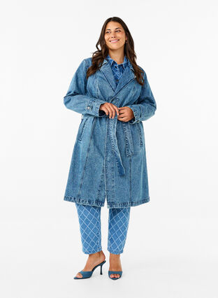 Zizzifashion Denim trench coat with belt, Blue Denim, Model image number 1