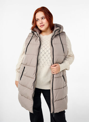 Zizzifashion Long vest with hood and pockets, Driftwood, Model image number 0